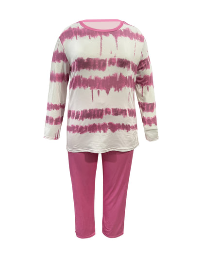 Plus Size - Plus-size Fashion Tie-dye Striped Print Long-sleeved Trousers Suit, Suitable For Going Out