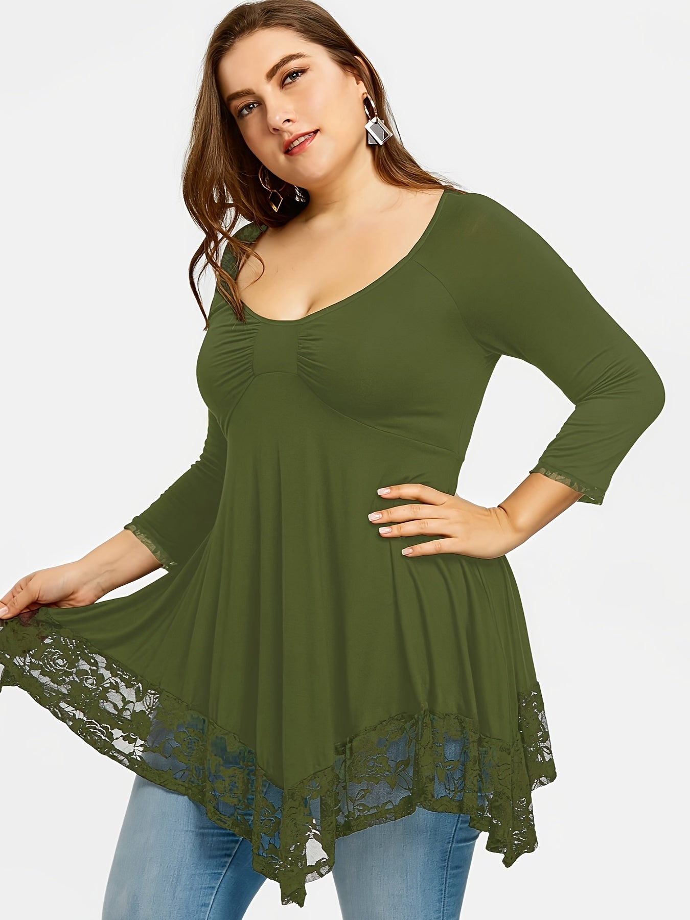 Plus Size - Plus Size - Floral Jacquard Lace Top in Plus Size - Stylish Contrast Edging, Round Neckline, Long Sleeves - Elegant Solid Tops for Curvy Women for Easy Fashion