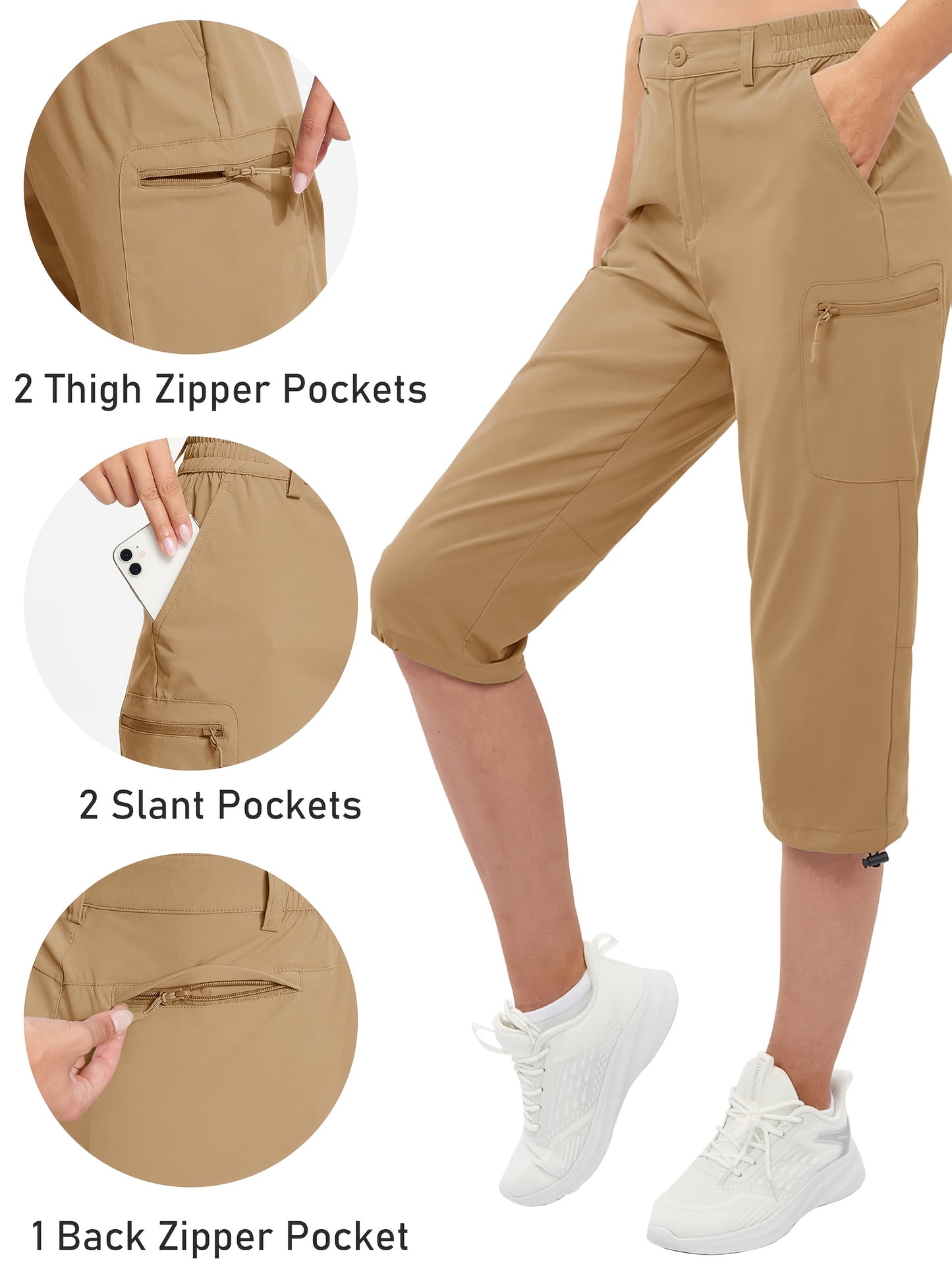 Women'S Summer Hiking Capri Pants - Lightweight, Quick Dry, Stretchy, Zipper Pockets, Adjustable Waist & Cuffs For Outdoor Travel, Hiking, Camping, Fishing, Casual Wear Long Shorts