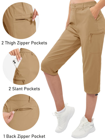 Women'S Summer Hiking Capri Pants - Lightweight, Quick Dry, Stretchy, Zipper Pockets, Adjustable Waist & Cuffs For Outdoor Travel, Hiking, Camping, Fishing, Casual Wear Long Shorts