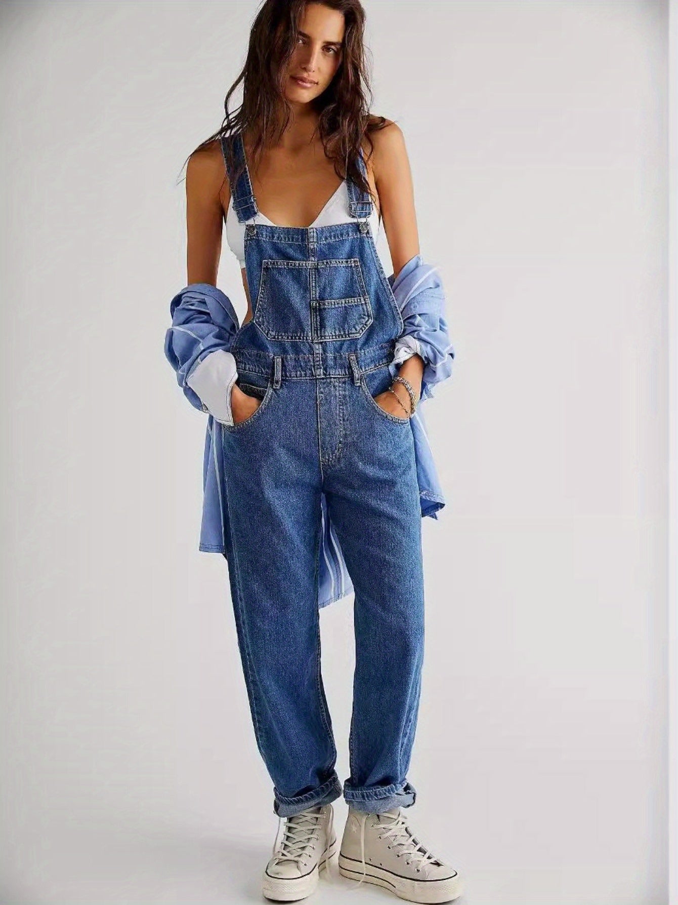 [Denim Bib Overalls] 1pc Women's Denim Bib Overalls Jumpsuit - Loose Fit, Straight Wide Leg Baggy Jean Style with Pockets, Machine Washable Casual Spring Summer Fall Outfit, Sizes S-XXL