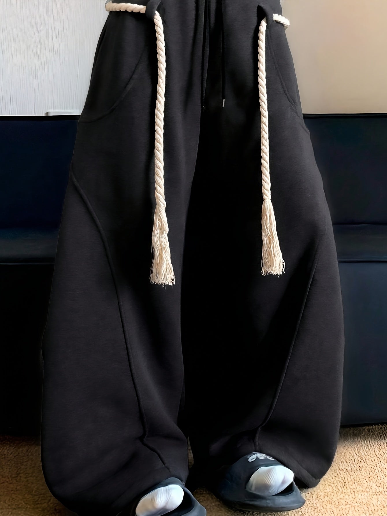 Men's Baggy Wide Leg Sweatpants with Drawstring Elastic Waist Casual Loose Fit Blend Track Pants with Pockets