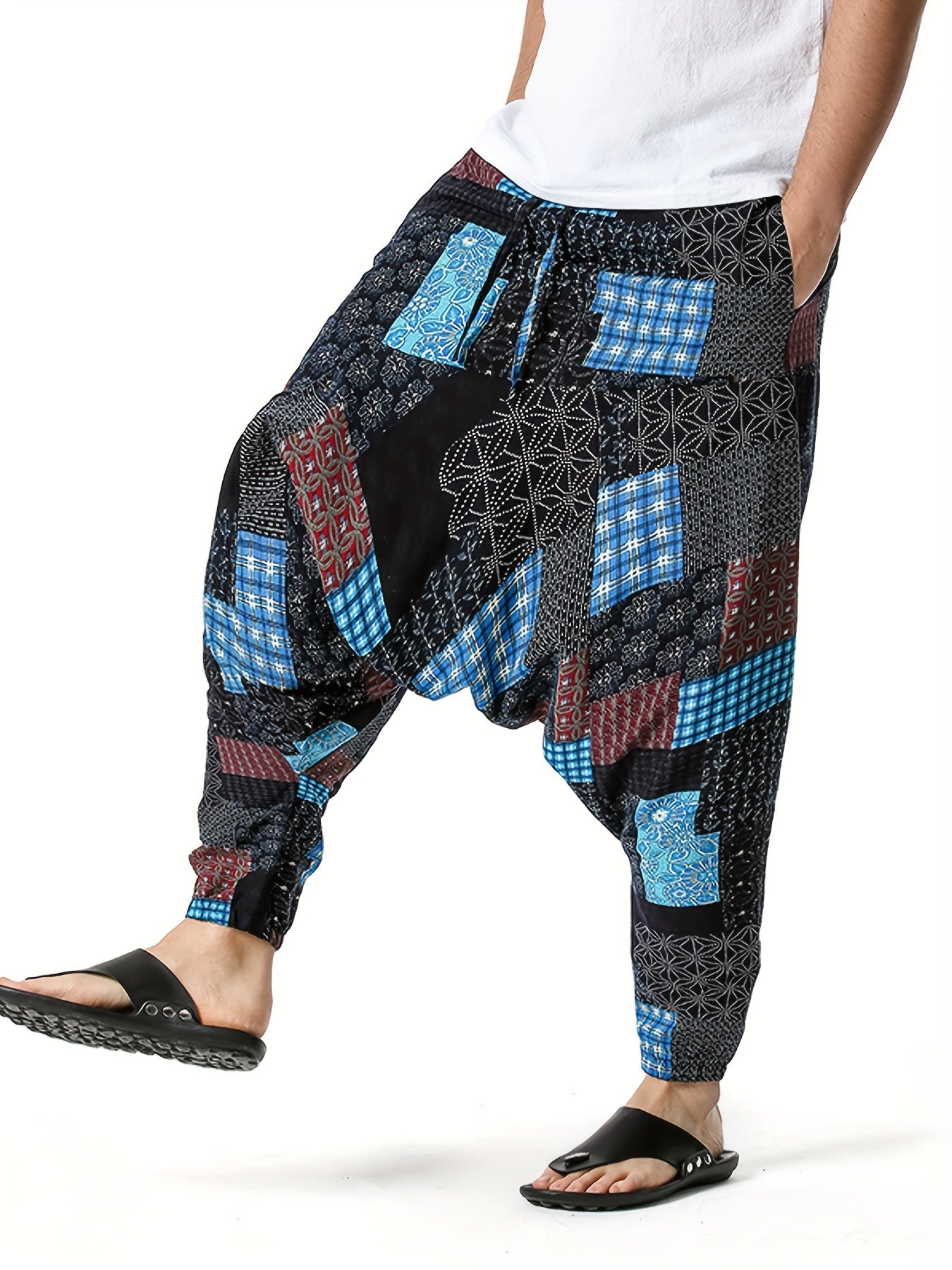 Men'S Stylish 100% Loose Colorful Fans Pattern Pants with Pockets, Casual Breathable Comfy Trousers for City Walk Street Hanging Outdoor Activities