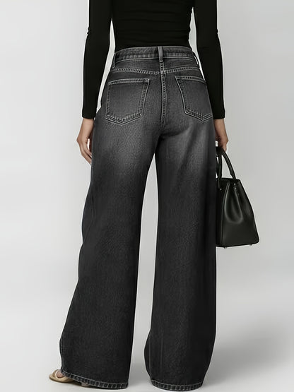 [Retro Denim Jeans] New Retro Style Denim Jeans for Women, With Metal Eyelets Designed for Casual And Loose Fit, High Waisted And Wide Leg Jeans, Street Cool Women's Clothing, Black Retro Blue Light Blue Women's Straight Leg Denim Pants