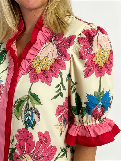 Women's Summer New Casual Loose Fashion Color Blocked Pleated V-neck Printed Top Fabric Soft and Comfortable, Versatile for Daily Use