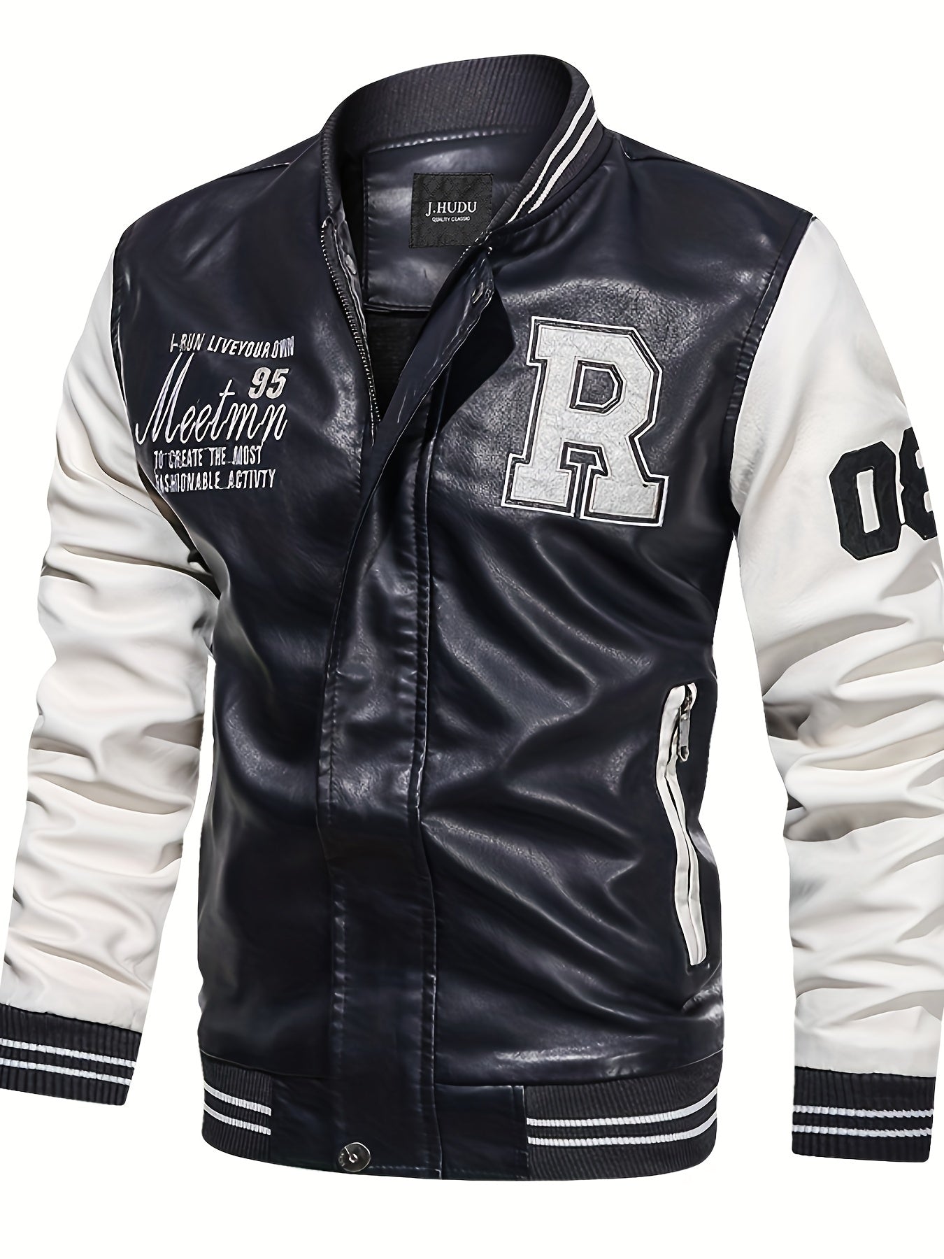 Plus Size Men'S Letter "R" Print PU Jacket for Spring/Autumn, Oversized Punk Raglan Baseball Jacket for Big & Tall Males, Men'S Clothing