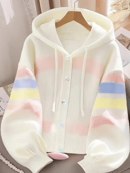 Hooded Cardigan with Rainbow Stripes, Women'S Standard Size Sweater, Soft And Comfy Loose-Fitting Sweater Jacket