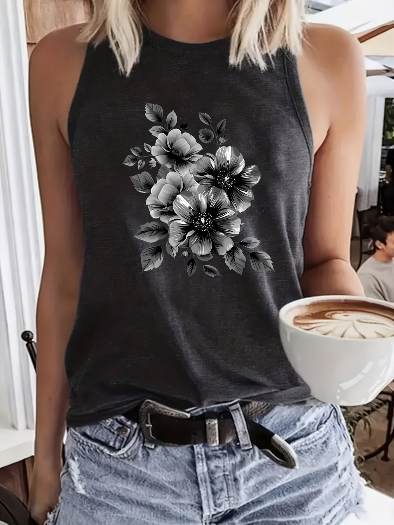 Print Tank Top, Casual Crew Neck Sleeveless Summer Tank Top, Women's Clothing