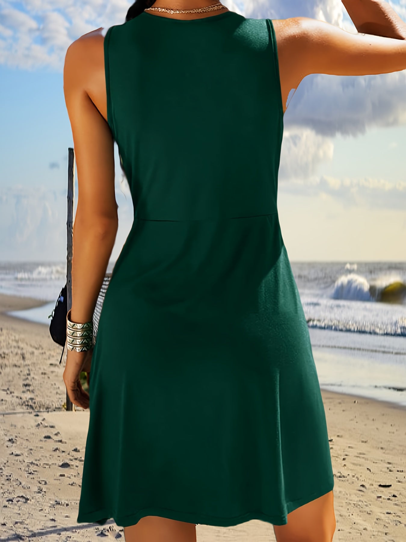 Women's Daily Summer V-Neck Sleeveless Tank Dress 2025 Casual Front Knot Detail Solid Color A-Line Sexy Dress