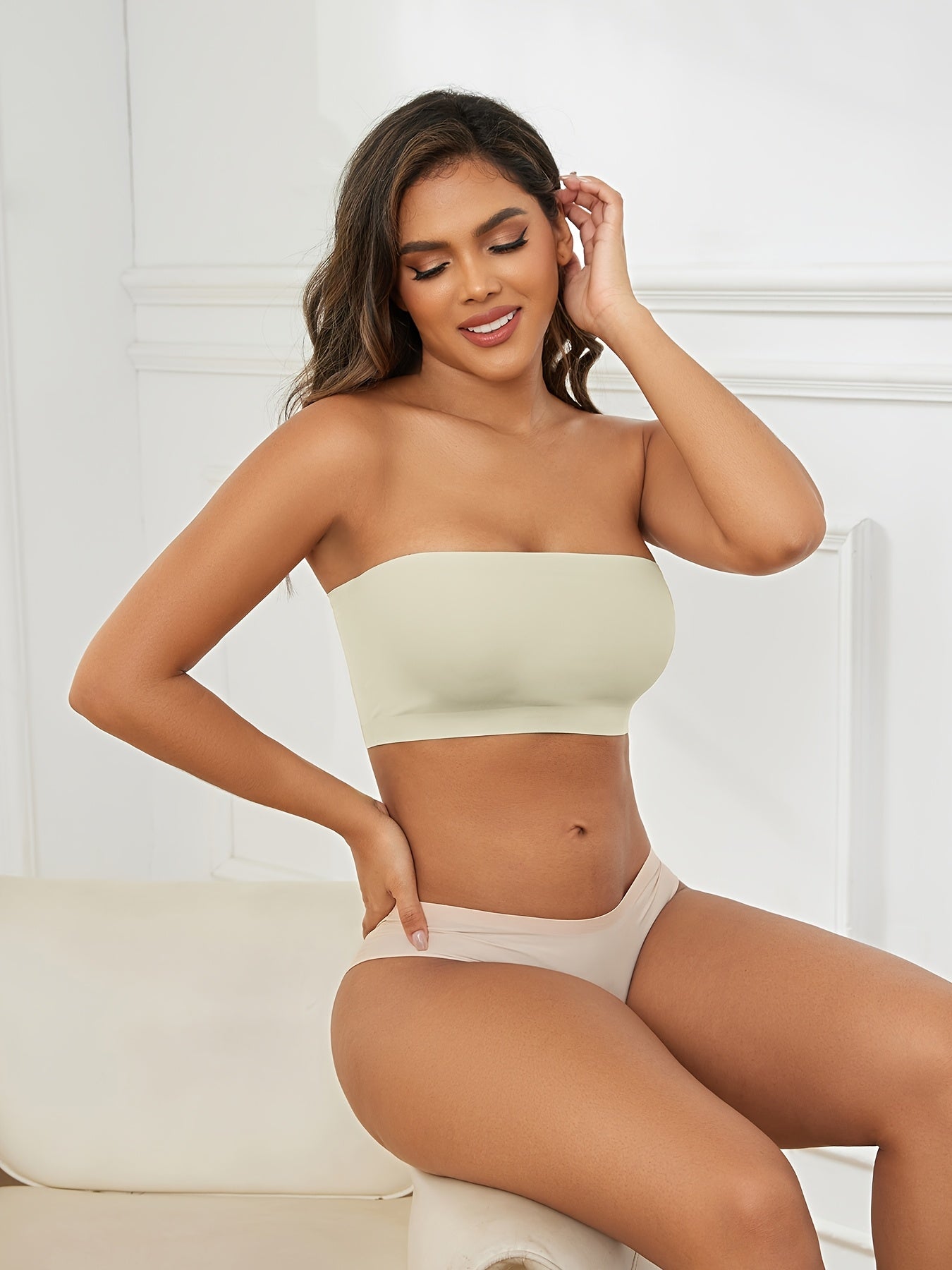 1pc ESSELEGANCE Seamless Wireless Bandeau Bra - Soft Nylon & Elastane Blend, No-Show Design, Beige/Nude, Comfortable Stretch Fit for Casual Attire