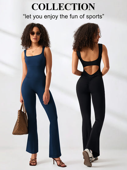 2pcs Women Flare Jumpsuit, Square Neck Hollow Out Backless Sexy Hip Folds, for And Daily Wear Women'S First Choice for Christmas And Thanksgiving Gifts