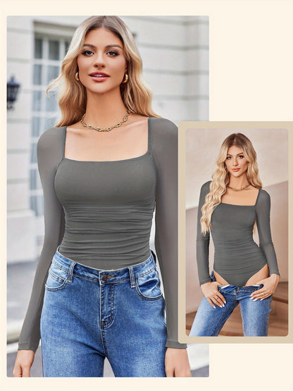 Women'S Square Neck Mesh Long Sleeve Bodysuit Shirts Ruched Body Suit Sexy Sheer Tops Date Night Outfit