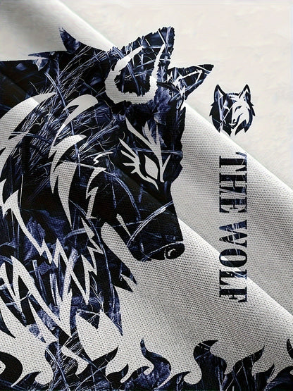 Summer Men's wolf pattern casual round neck short-sleeved T-shirt and shorts 2pcs set, suitable for outdoor activities
