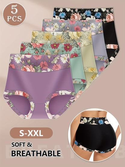 5pcs Women'S High Waist Briefs, Floral Print Design, Soft & Skin-Friendly Comfortable Daily Triangle Underwear