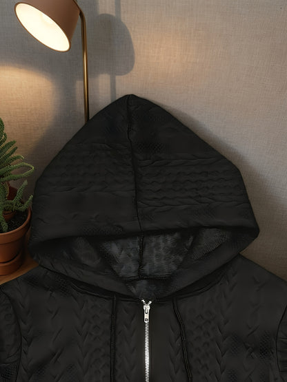Women'S Casual Solid Zip-Up Hoodie - Fashionable Fall/Winter Long-Sleeve Outerwear, White Bomber Design, Textured Details, Casual Hoodie | Fashionable Zip-Up | Textured Detail Jacket