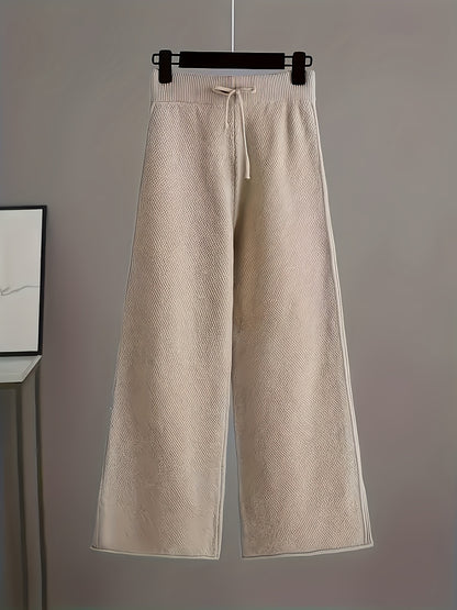 Ladies' Autumn And Winter New Sweater Fashion 2pcs Set: Unique Pattern Round Neck Drop Shoulder Long Sleeve Pullover + Straight Wide Leg Pants Combination, Loose And Casual Series