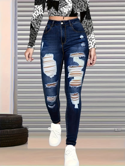 Women's Dark Blue Ripped Skinny Jeans, High Stretch Slim Fit Distressed Denim Pants with Pockets, Casual Streetwear Skinny Denim Trousers for Daily All-Season Wear