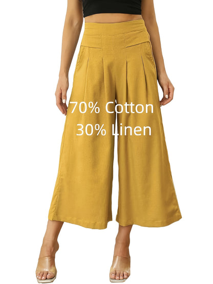 Women' Boho Linen Palazzo Wide Leg Pants - Elastic Capri Trousers with, 7/8 Length Culottes Suitable for Spring Summer Fall, Casual Solid Color Elastic Pants for Outfits & Casual Attire
