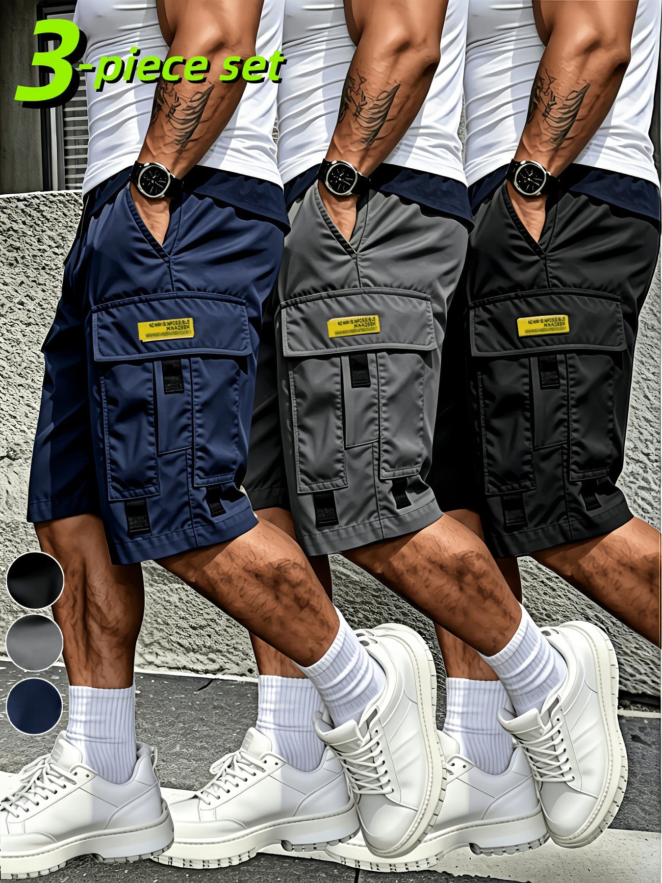 3pcs Men's Cargo Shorts with Multi-Pocket & Drawstring Waist - Lightweight Loose-Fit Shorts Suitable for Outdoor,, Streetwear, Casual Wear - Summer Shorts with Utility Belt for Daily Use and Gift Choice