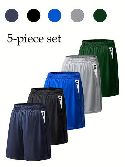 5pcs Men'S Quick-Dry Casual Sports Shorts. 2 Pockets with Drawstring Waist Adjustment. Machine Washable Loose Fit for Men and Women, Gym Shorts, Vibrant Leisure Wear, Elastic Comfort Belt, Durable Athletic Gear, Lightweight Breathable Fabric. Perfect for