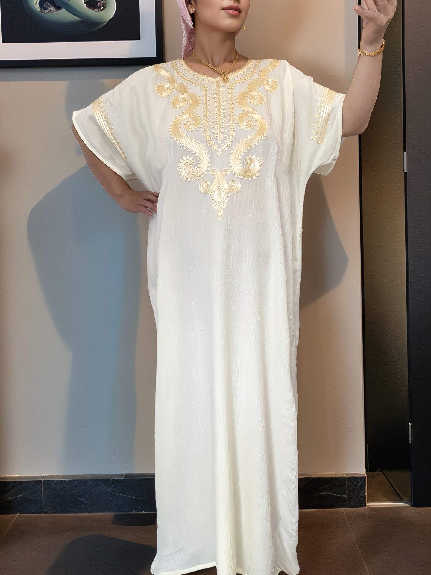 Middle Eastern Kaftan Dress for Women - Classic Robe Featuring Short Sleeves And a Round Neck, This Short Dress Is Ideal for Year-Round Use, Machine Washable Cultural Garment for Muslim Women, Perfect for Hajj, Eid, Weddings, And Everyday Modesty