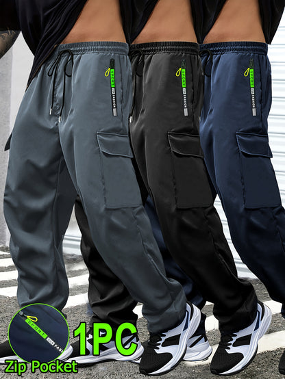 1pc Men'S Spring/Fall Cargo Pants with Large Zipper Pockets & Drawstring Waist - Olive Green Casual Outdoor Joggers for Hiking, Daily Wear, and Leisure Activities, Jogging Pants, Straight Leg Fit