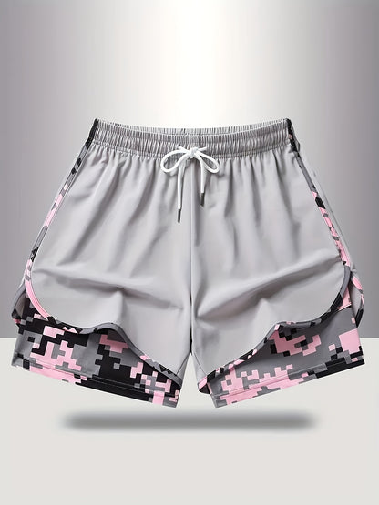 Plus Size - 3pcs - Plus Size Women'S Shorts, Double-layer Fake Two Piece Camouflage Pattern, Breathable Quick Drying Pants, Women'S Shorts With Adjustable Drawstring Waist - Lightweight Fitness, Side Design, Non See Through Casual Wear
