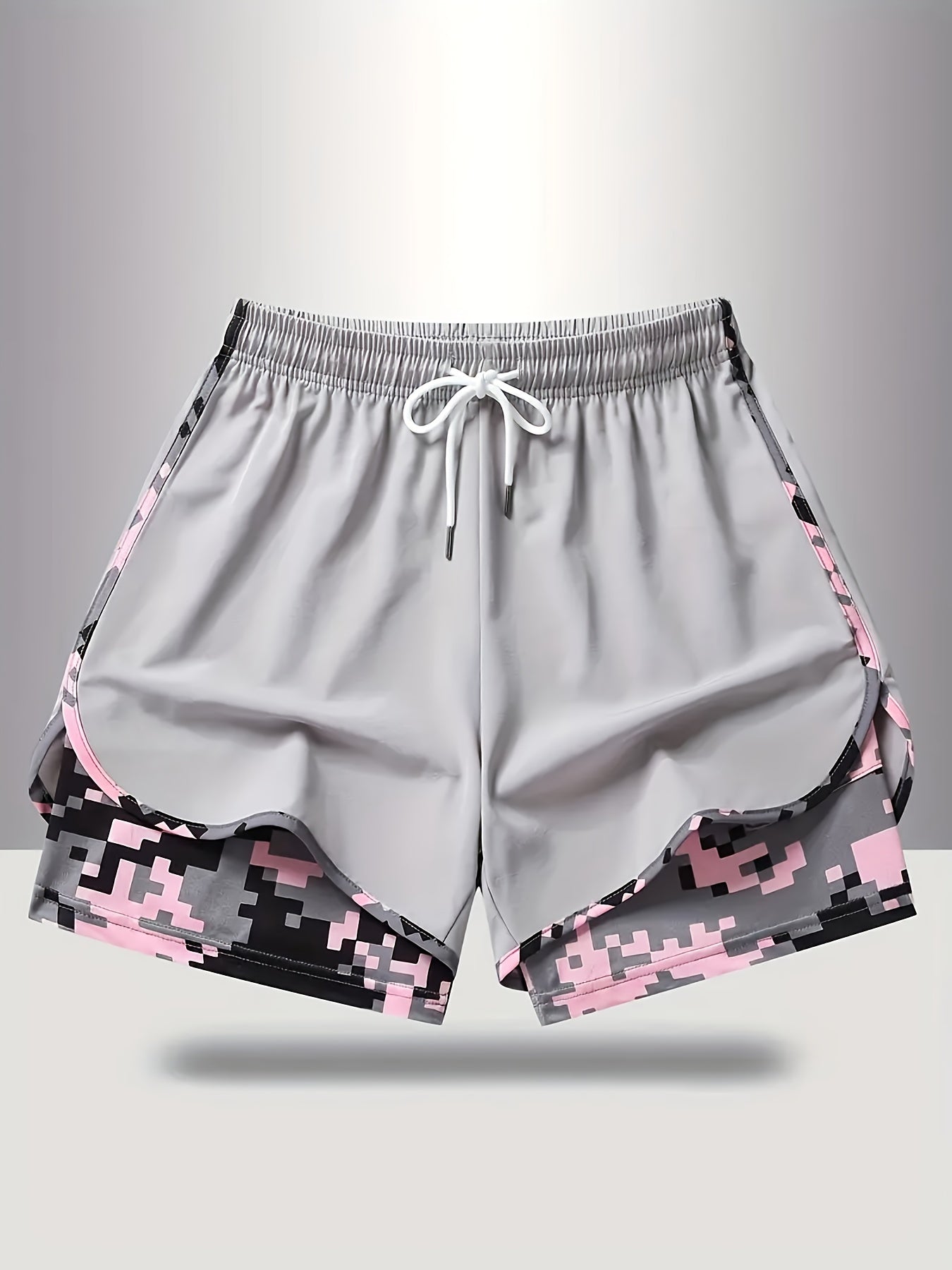 Plus Size - 3pcs - Plus Size Women'S Shorts, Double-layer Fake Two Piece Camouflage Pattern, Breathable Quick Drying Pants, Women'S Shorts With Adjustable Drawstring Waist - Lightweight Fitness, Side Design, Non See Through Casual Wear