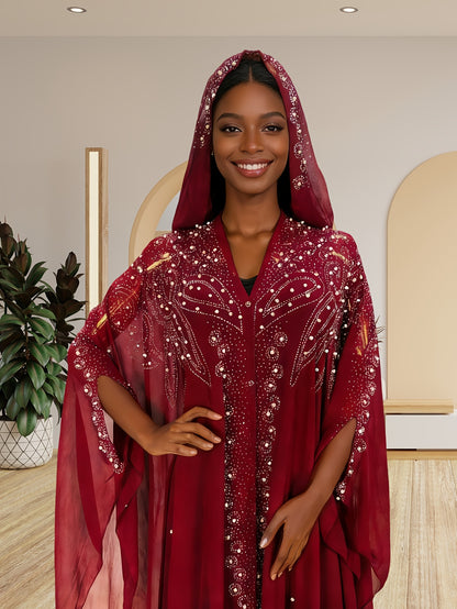 A Batwing Sleeve Shawl Wrap Adorned with Royal Blue Rhinestones, Inspired by Middle Eastern Styles. This Plus-Size Semi-Sheer Tunic Features a Loose Fit, Beaded Accents, And a Slit Hem, Perfect for Summer Weddings, Parties, And Cultural Gatherings