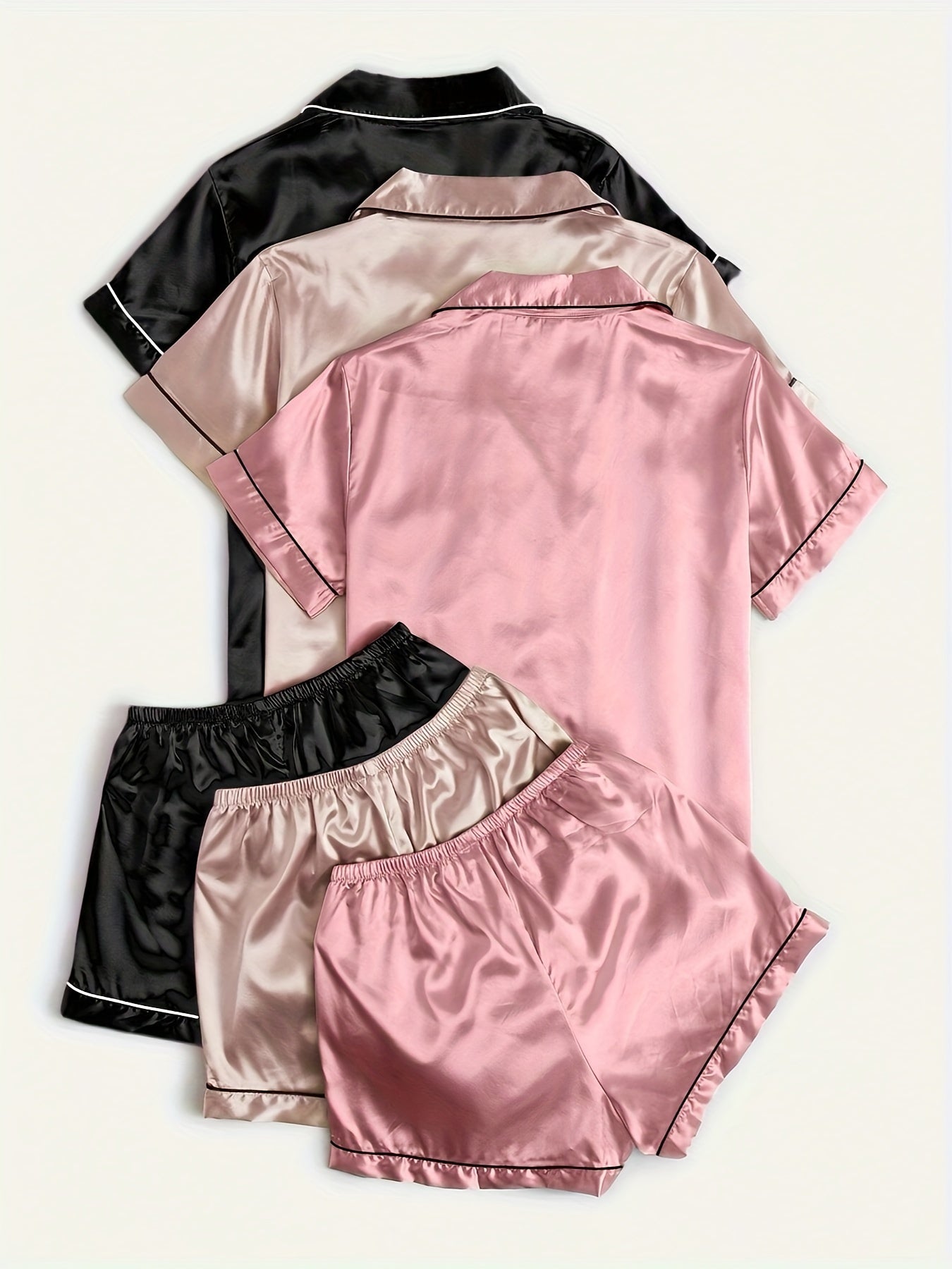 Casual, Fashionable, and Comfortable 6pcs Set in 3 Colors: Solid, Plain, Satin, and Satin Trim Short-Sleeve Shirt & Elastic Waist Shorts Pajama Set