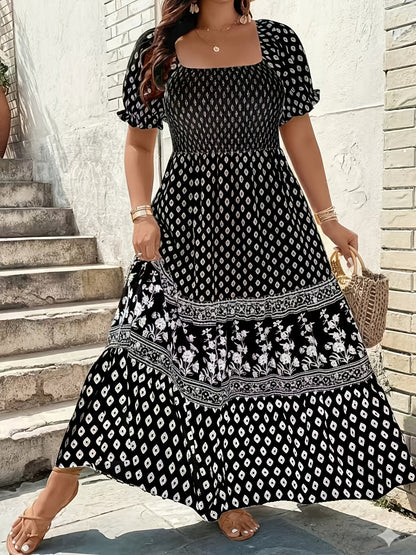 Plus Size - 1pc Spring Summer Mother'S Day Plus Size Women Elegant Bohemian Maxi Dress - Square Neck Puff Sleeve Smocked Bodice Floral Geometric Print Tiered Long Skirt Sophisticated Graceful Style For Vacation Beach Party Wear
