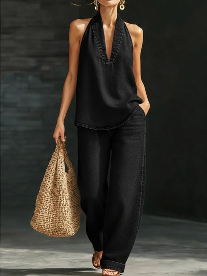 Women's Denim Halter 2pcs Set 2026, Casual Sleeveless V Neck Top & Wide Leg Pants, Loose Fit Streetwear Outfit Eight, Airy & Relaxed Fit