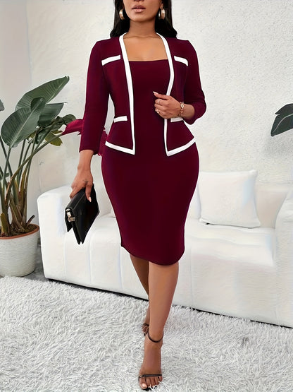 Stylish 2-In-1 Bodycon Dress with Contrast Trim - Long Sleeves, Form-Fitting, Suitable for Office And More - Women'S Professional Attire