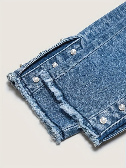 [Hme]Women'S Denim Trousers, Mid-To-High Waist Design, Lift The Hips, Tuck in The Abdomen And Look Slimmer, Suitable for All Seasons, Heavy Industry Washed Retro Blue, with Split Toe And Bubble Beads
