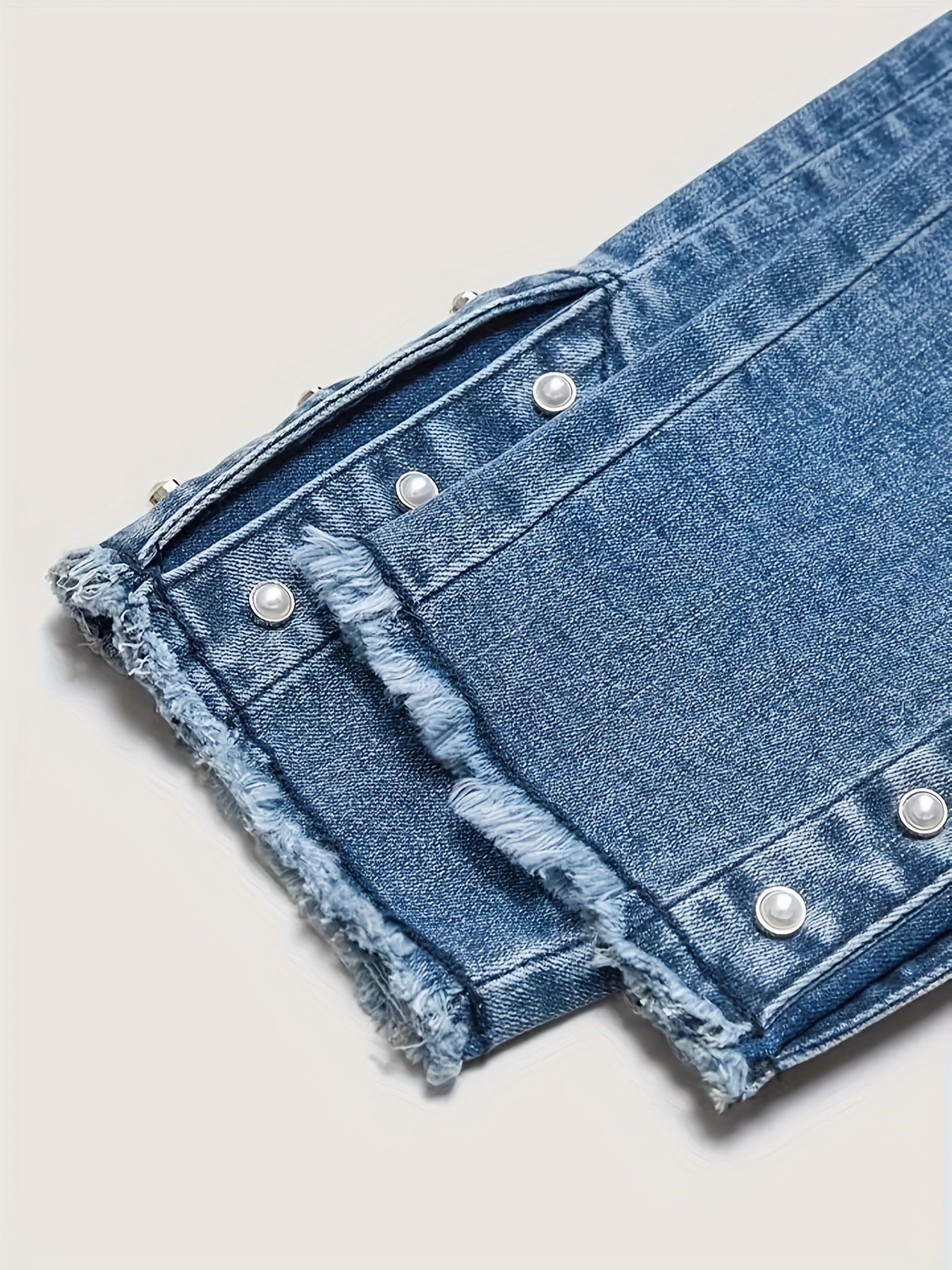 [Hme]Women'S Denim Trousers, Mid-To-High Waist Design, Lift The Hips, Tuck in The Abdomen And Look Slimmer, Suitable for All Seasons, Heavy Industry Washed Retro Blue, with Split Toe And Bubble Beads