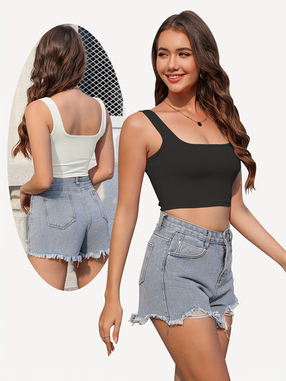Set of Three Women'S Crop Tank Tops, Featuring a Seamless Ribbed Design, Sleeveless Square Neck, Perfect for Summer Workouts, And
