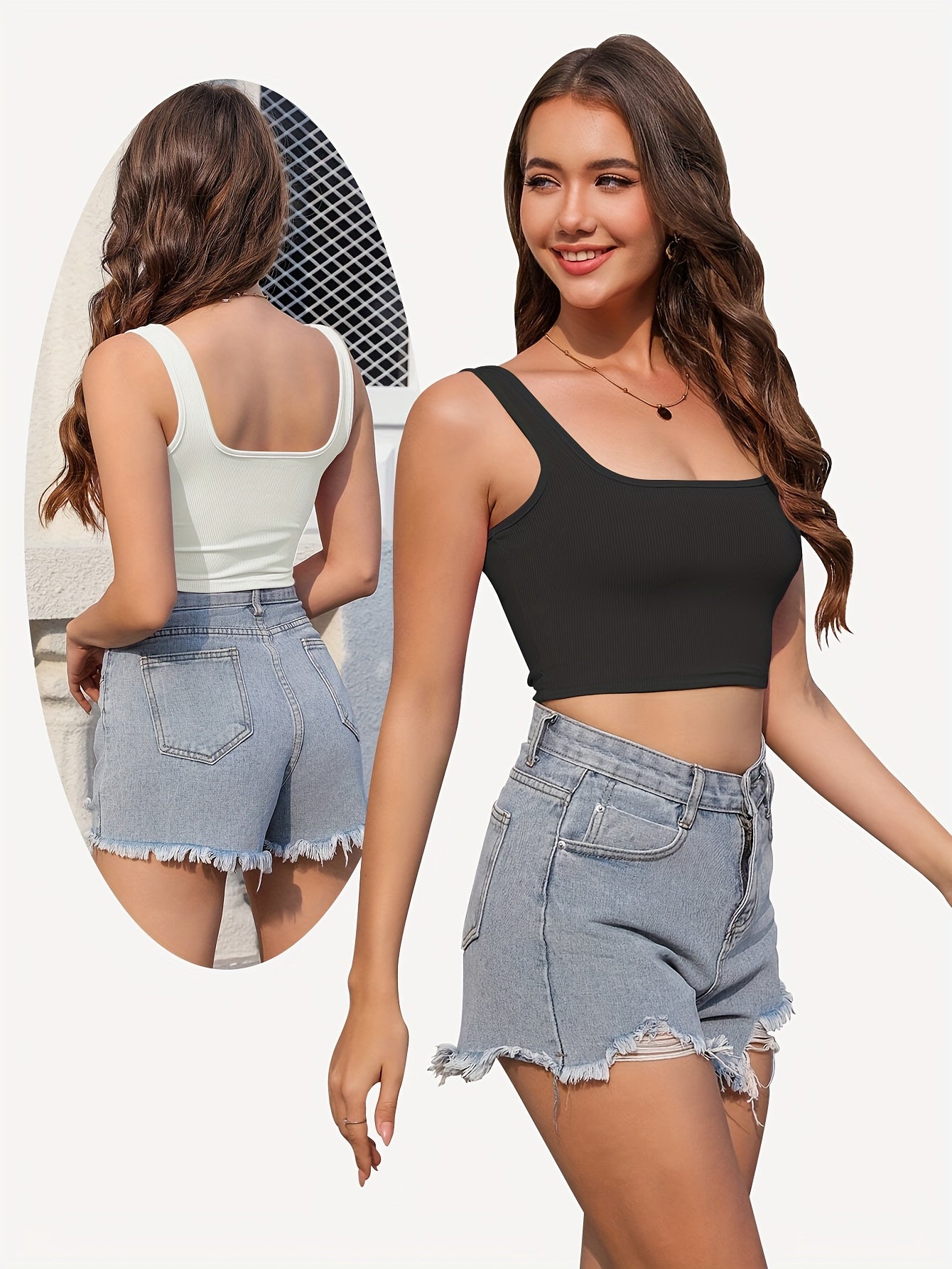 Set of Three Women'S Crop Tank Tops, Featuring a Seamless Ribbed Design, Sleeveless Square Neck, Perfect for Summer Workouts, And