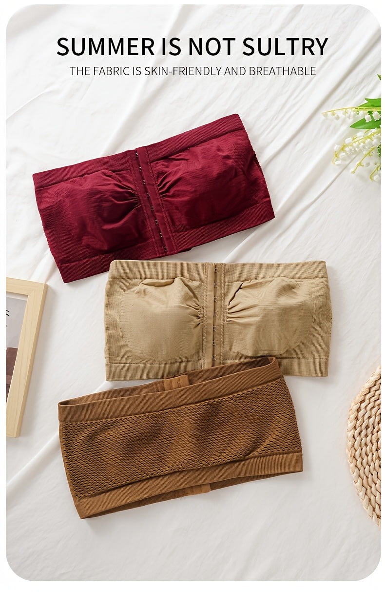 5pcs Plus Size Front Closure Bra Set, Elegant Nylon Fabric Plus Size Women's Bandeau, Wireless Design Front Closure Plus Size Women's Strapless, Medium Stretch, Solid Color, No Padding