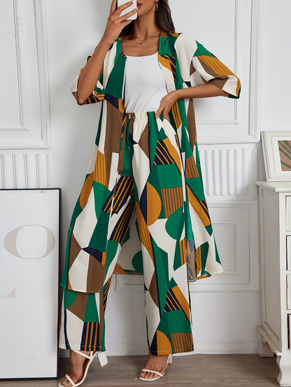 Vacation Style Geo Print Pantsuits Set, Long Length Short Sleeve Shirt & Wide Leg Pants Outfits, Women's Clothing