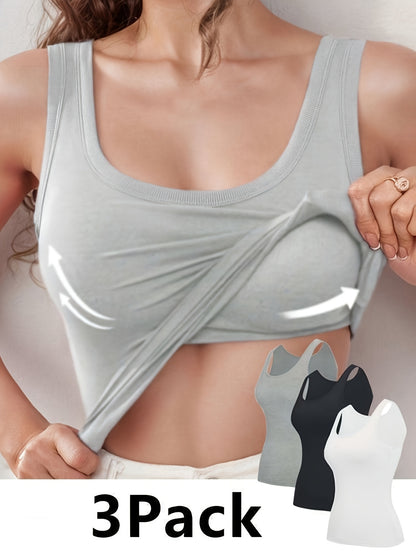3pcs Solid Color Stretch KnitTank Top, Bottoming Vest T-shirt, Built-in Padded Cups- Regular Length, Round Neck, Casual SportswearWomen'S Comfort Fit Casual Sports Bra With Breathable Fabric- Black&White&Grey