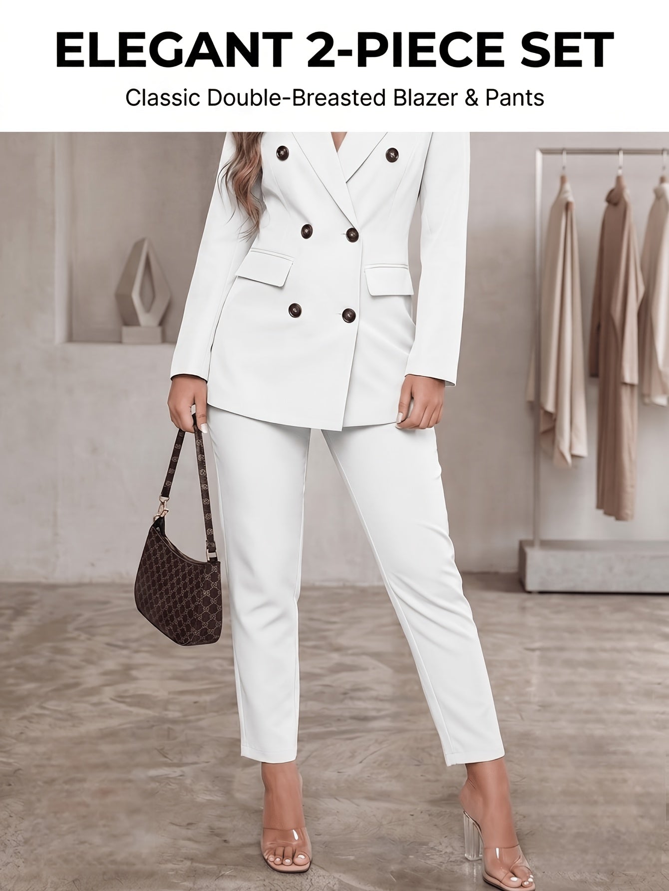 2pcss Blazer Set Pantsuit Women Double Breasted Blazer Set Formal 2pcss Pantsuit For Office Work, Long Sleeve Business Suit Slim Fit Double Breasted Suit For Business Meetings Corporate Office