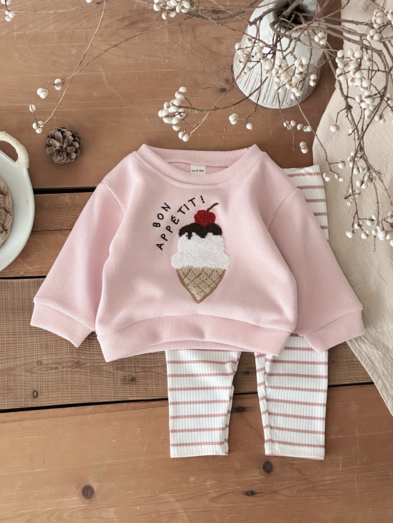 Two-Piece Spring/Autumn Baby Outfit - Cute Ice Cream Patchwork Round Neck Pink Sweatshirt + Pink And White Striped Casual Pants Sweetheart Youngsters Set, Long Sleeve And Trousers, No Additions Included, for Outdoor