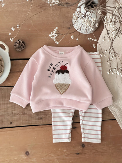 Two-Piece Spring/Autumn Baby Outfit - Cute Ice Cream Patchwork Round Neck Pink Sweatshirt + Pink And White Striped Casual Pants Sweetheart Youngsters Set, Long Sleeve And Trousers, No Additions Included, for Outdoor
