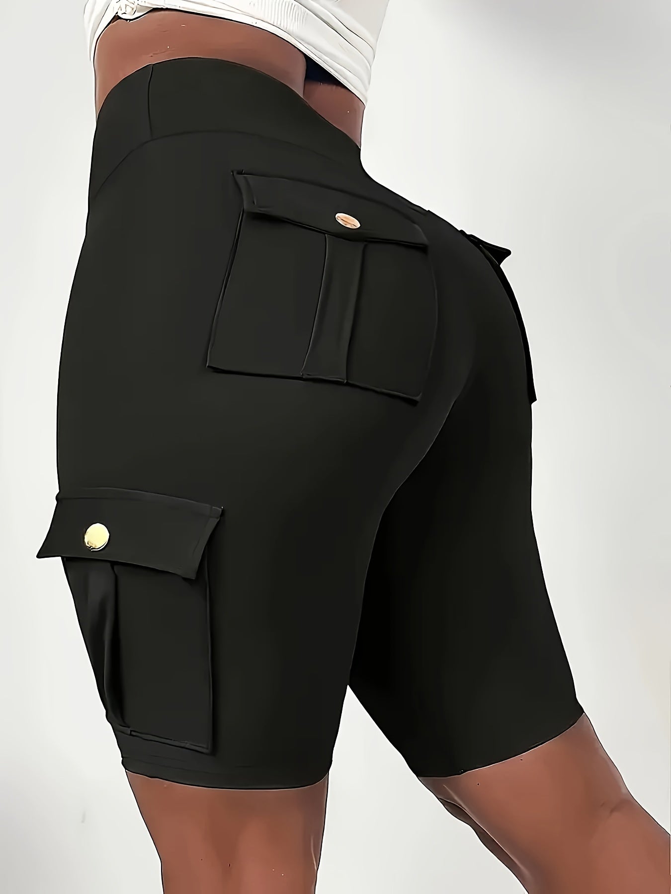 High Waist Women's Solid Color Sports Yoga Tooling Shorts with Pocket Design