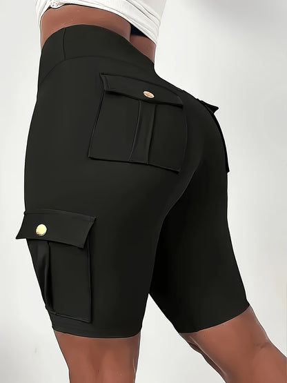 High Waist Women's Solid Color Sports Yoga Tooling Shorts with Pocket Design