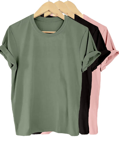 3pcs Pack Solid Color 100% T-Shirt, Summer And Spring Short Sleeve Crew Neck Casual Top, Women'S Clothing