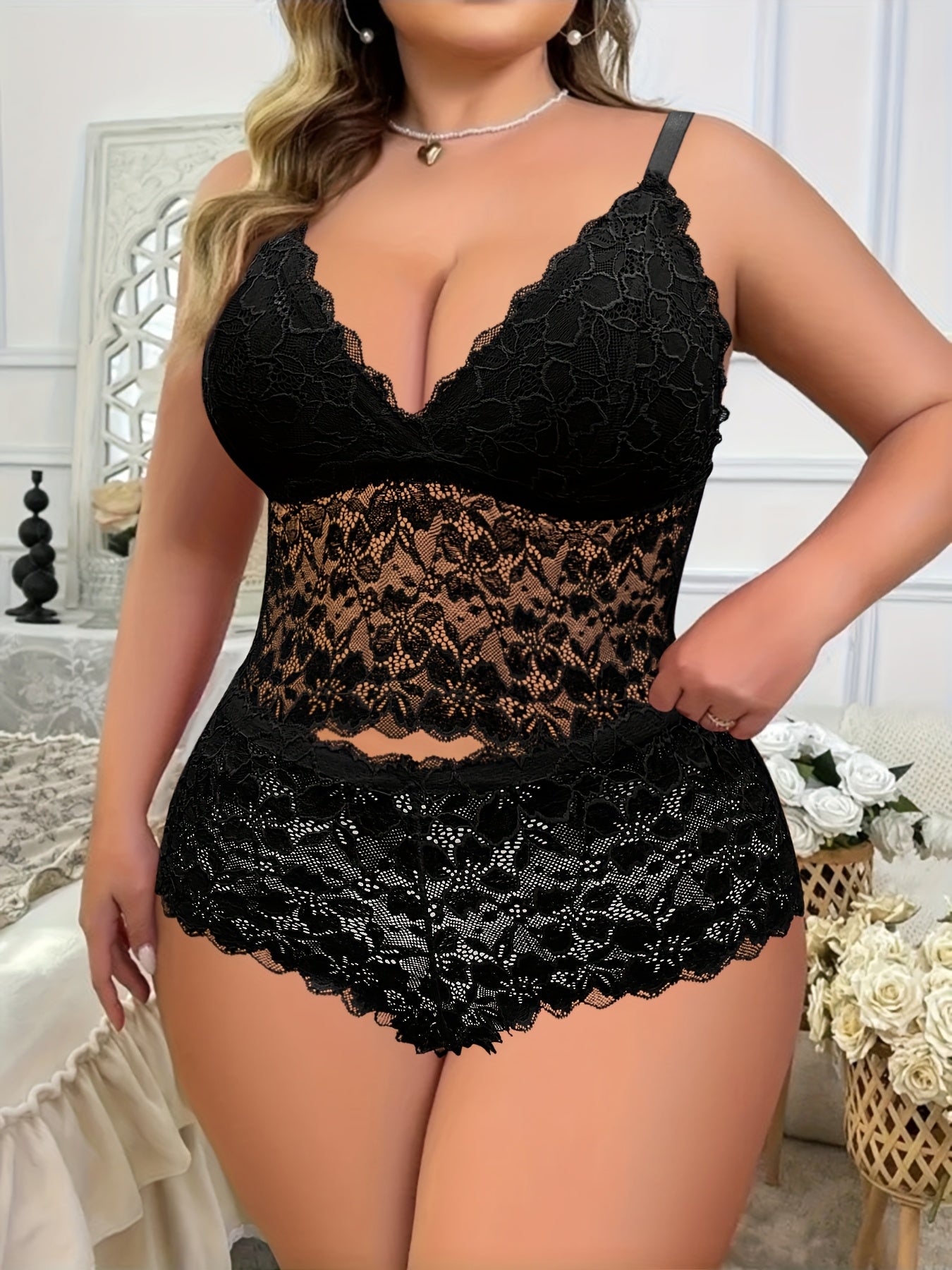 2pcs Set: Plus Size Women's Camisole & High-Waisted Panty Set