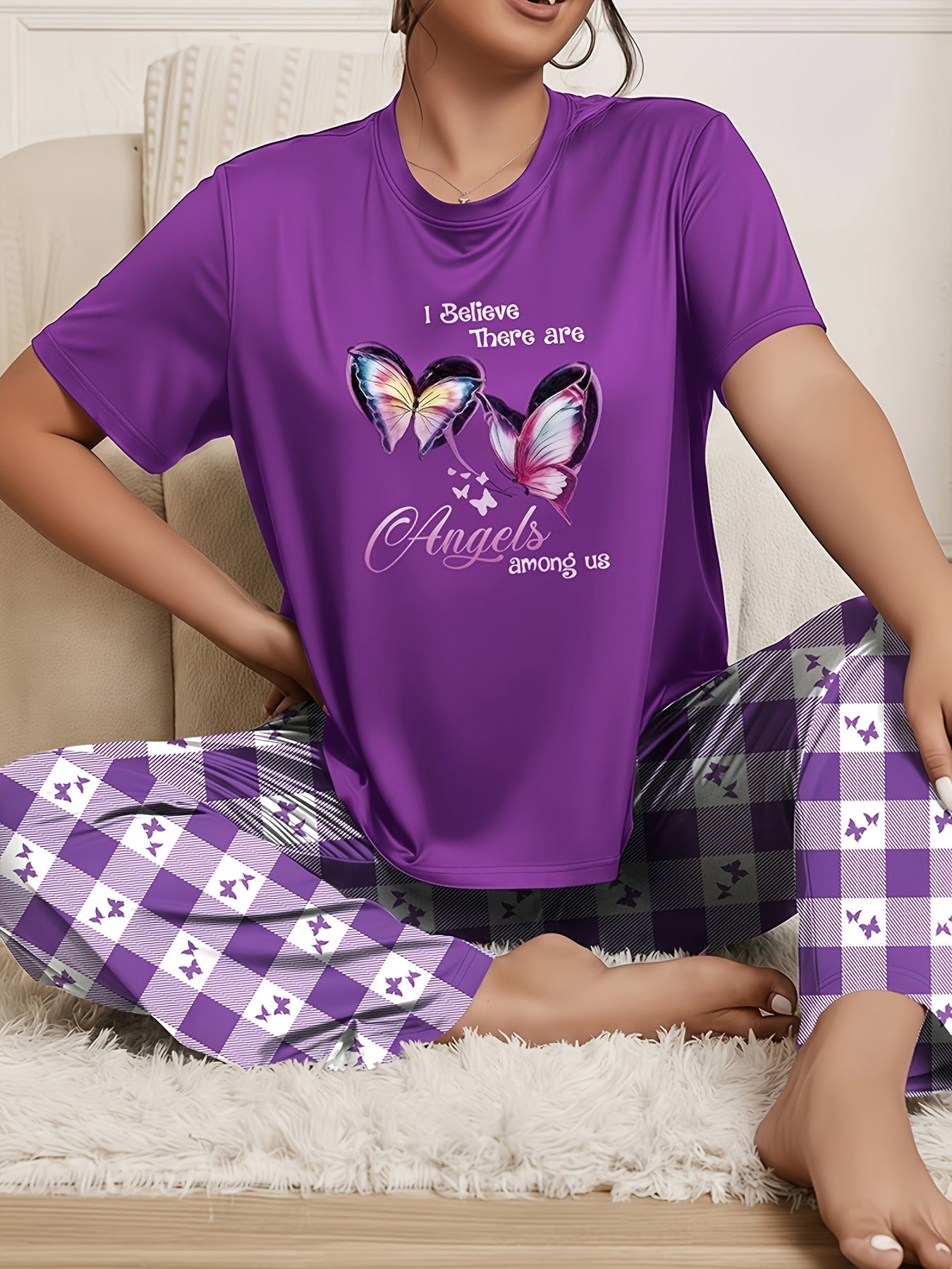 [6pcs Pajama Set] 6pcs Large-Sized Women's Casual Home Wear | Summer Short-Sleeved Crew Neck Top And Tartan Long Pants Pajama Set, Slight Stretch Fabric, All-Season