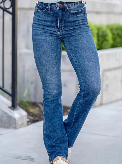Women's High Waist Straight Fit - Comfortable And Versatile Blue Denim with Buttoned Design, Stretch Fit, Elegant Fairy Style, Suitable for Casual Wear In All Seasons - Classic American Denim, Long Fit, Loose Fit, Machine Washable