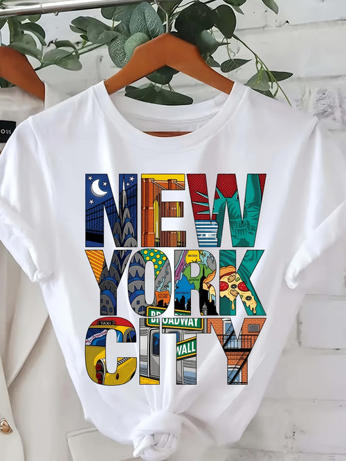 New York City Orienteering T-Shirt - Short Sleeve Casual Round Neck Tee with NYC Skyline & Geometric Map, Machine Washable - Urban Navigation Top